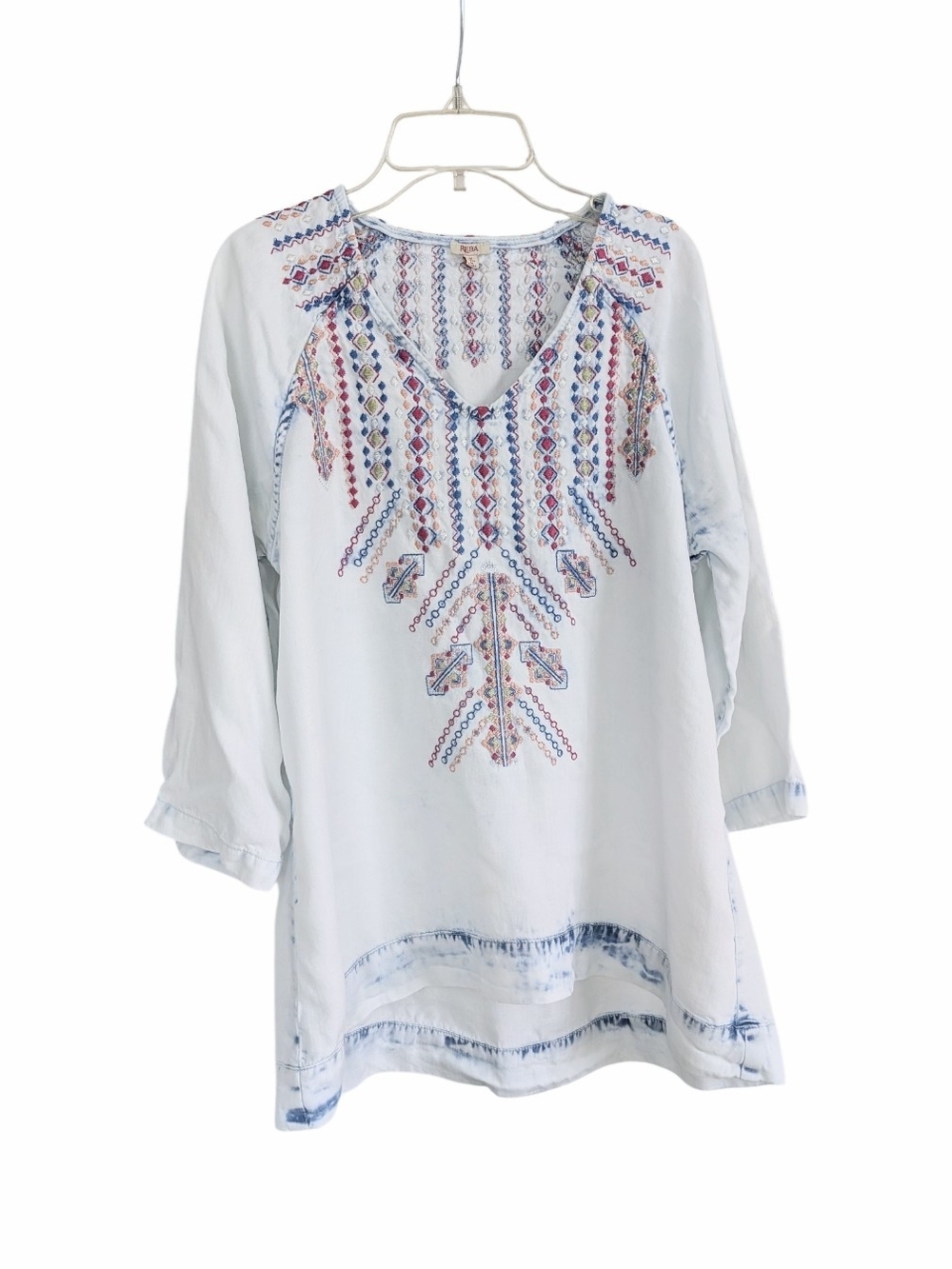 Reba Boho Embroidered Acid Wash Denim Tunic Blouse Top Size M - Picture 2 of 5